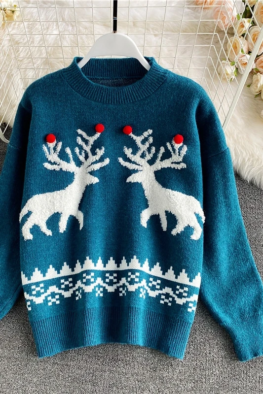 

Christmas Elk Sweater 2020 New Women's Winter Thickened Short Western Style Lazy Loose-Fitting Pullover round-Neck Sweater