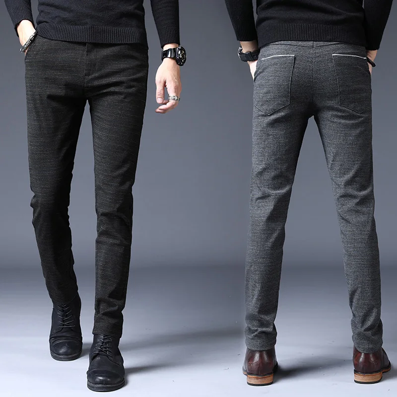Модные мужские брюки Slim Fit высокого качества осень зима толстые деловые полосы плоские Классические Длинные повседневные мужские брюки