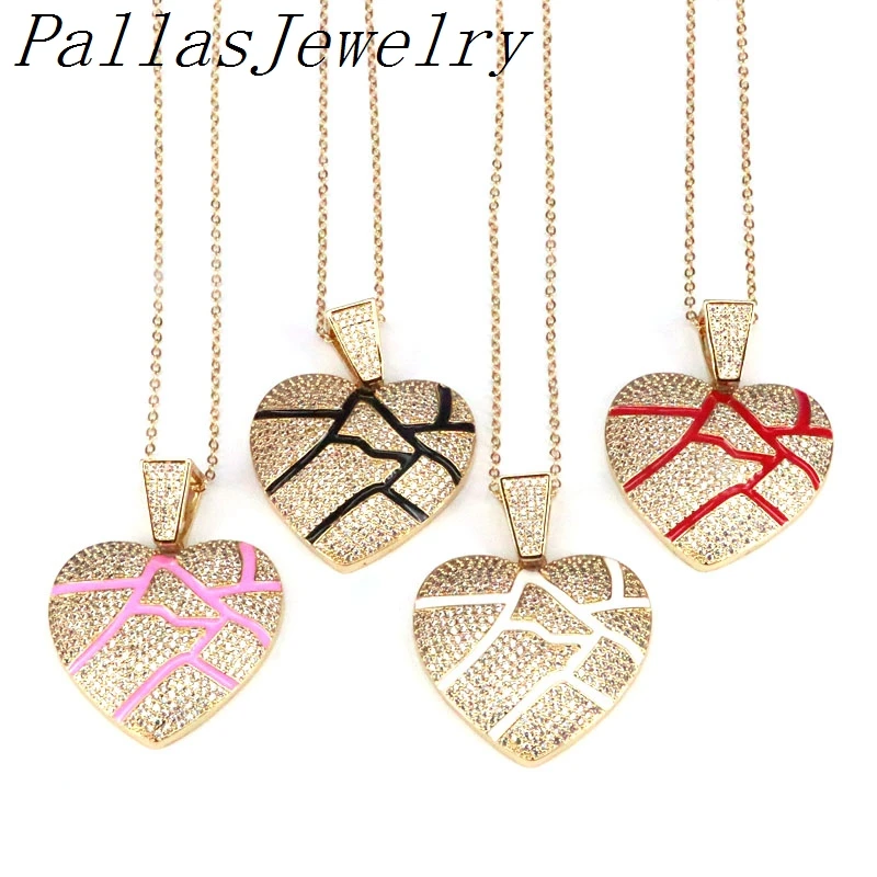 

3Pcs, Red Black White Pink Enamel CZ Micro Pave Heart Shape Pendant Necklace Cubic Zirconia Heart Necklace Charm