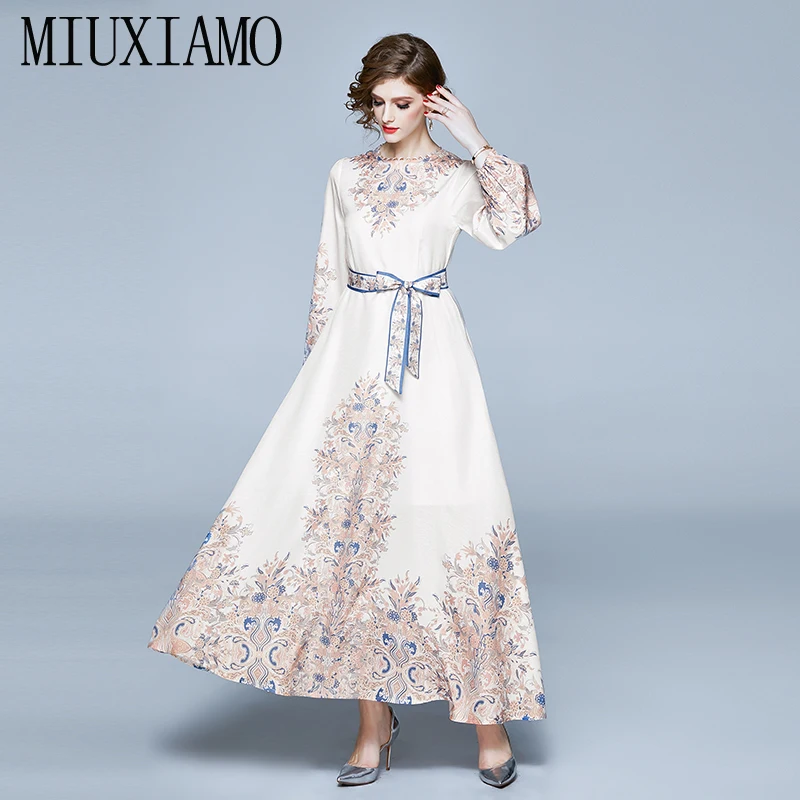 

MIUXIMAO 2020 Summer Dress O-neck Maxi Dress Women's Long Sleeve Flower Art Printed Designer Long Dress Women With Belt