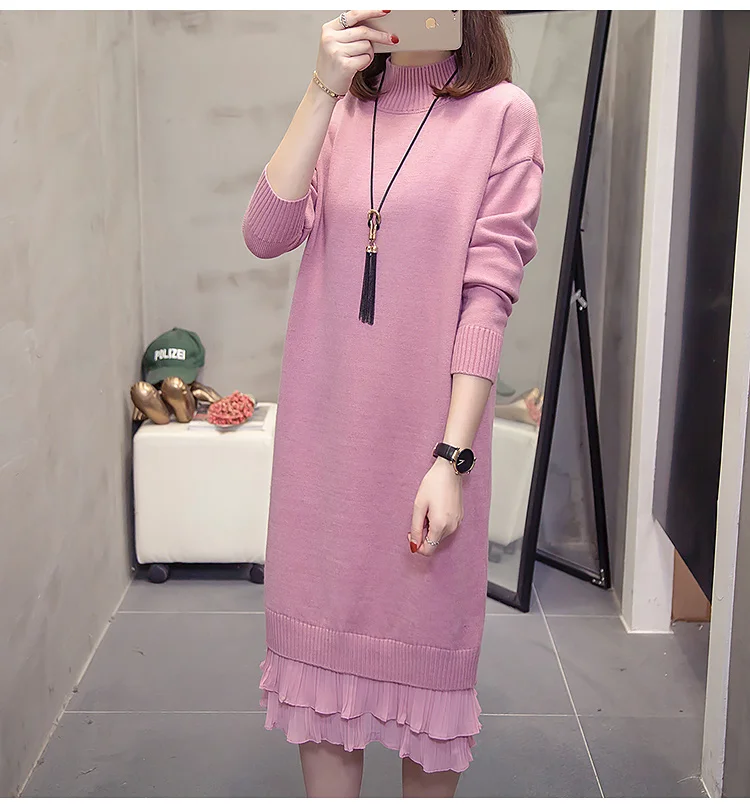 XL-4XL размера плюс, женское вязаное платье с высоким воротом, зима, длинный рукав, пэтчворк, гофрированный женский свитер, теплые платья