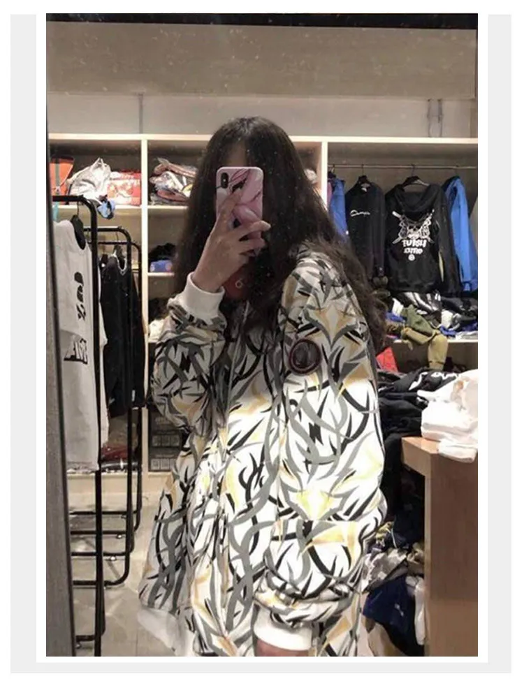 

2019 new thorns hooded zipper female autumn and winter plus velvet hip hop loose coat
