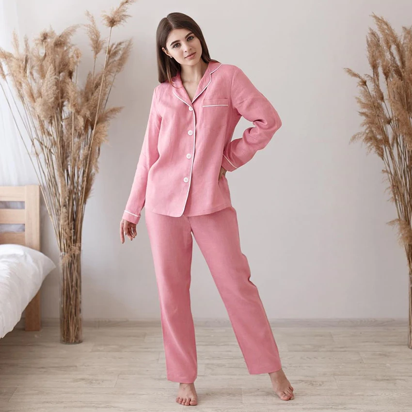 

Hiloc Pink Cotton Pajamas Set Full Sleeves Sleepwear Pocket Single-Breasted Home Suit For Women Elastic Waist Sets With Pants