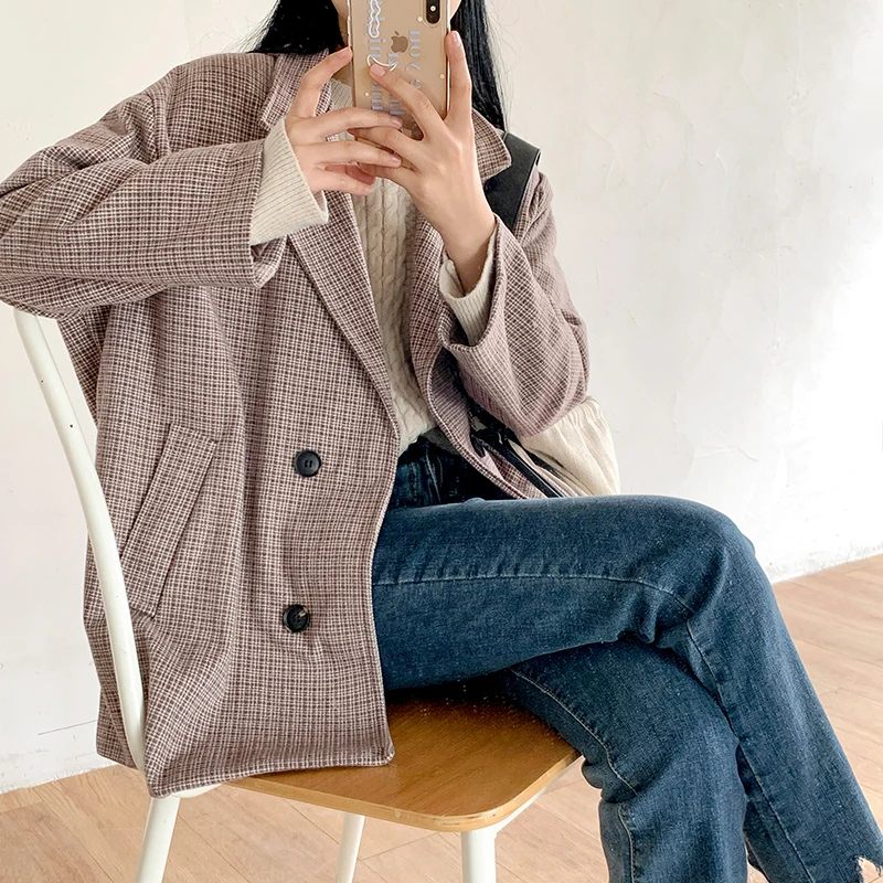 

Women's Vintage Plaid Blazers Jacket Autumn Winter Korean Style Loose Suit Outwear Long Sleeve Notched V Neck Office Suit Top