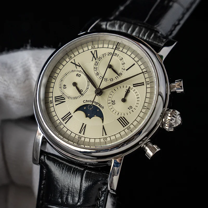 

2021 Luxury Pilot Calendar Chronograph Mechanical Men's Watch 1908 Seagull Movement Moon Phase Sapphire Men Watch Leather Clocks