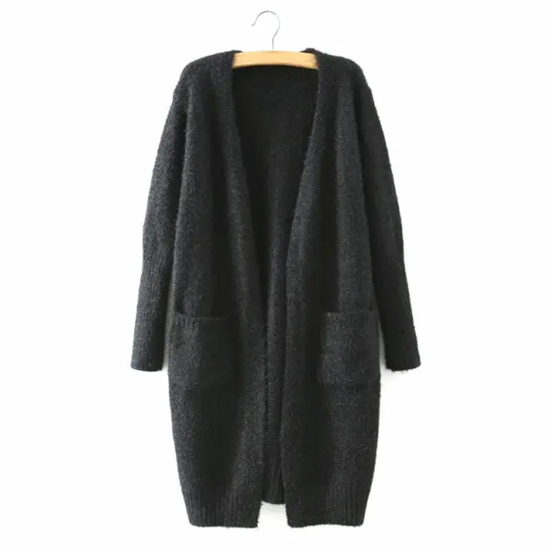 Autumn Ladies Long Sleeve Knitted Fluffy Sweater Cardigan Coat Outwear Women Basic Baggy Black |
