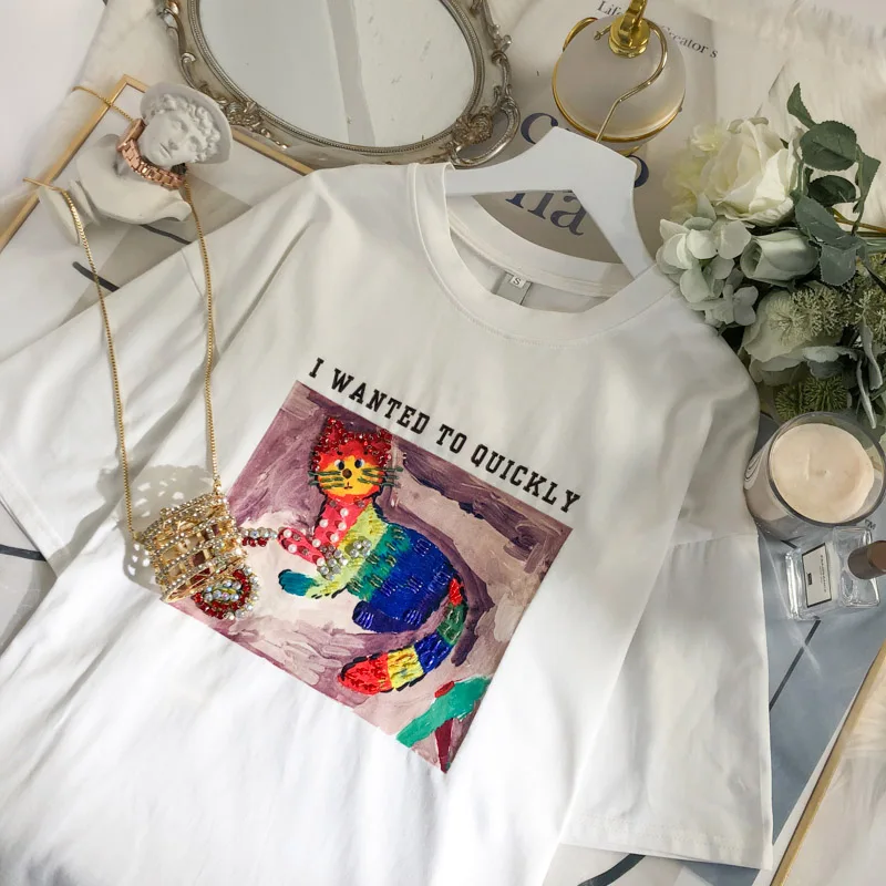 

2021 Summer High Street Beaded Diamond Cartoon Ladies Top Loose Salt Short-Sleeved Women T-shirt New Korean Style Fashion Tee