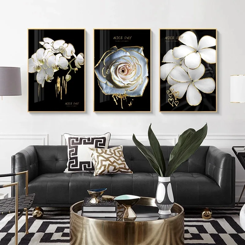 

HD Prints Home Decor Abstract White Flowers With Gold Canvas Painting Posters Wall Art Pictures For Living Room Home Decor