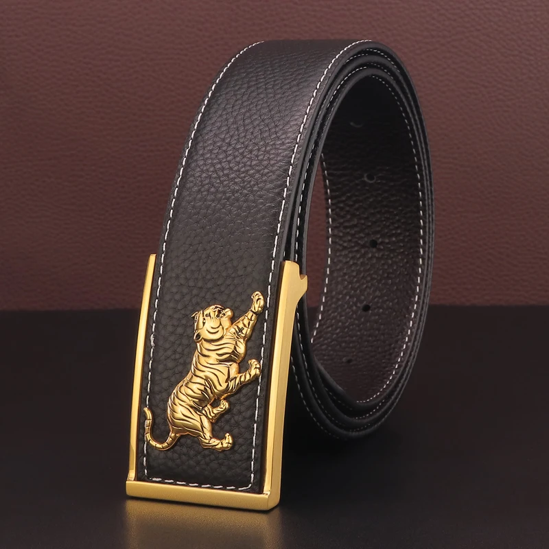 

3.8cm Wide Gold Belt Fashion Sliding Buckle Tiger Belt Male Top Cow Leather Cintos Masculinos Black Cowskin Casual