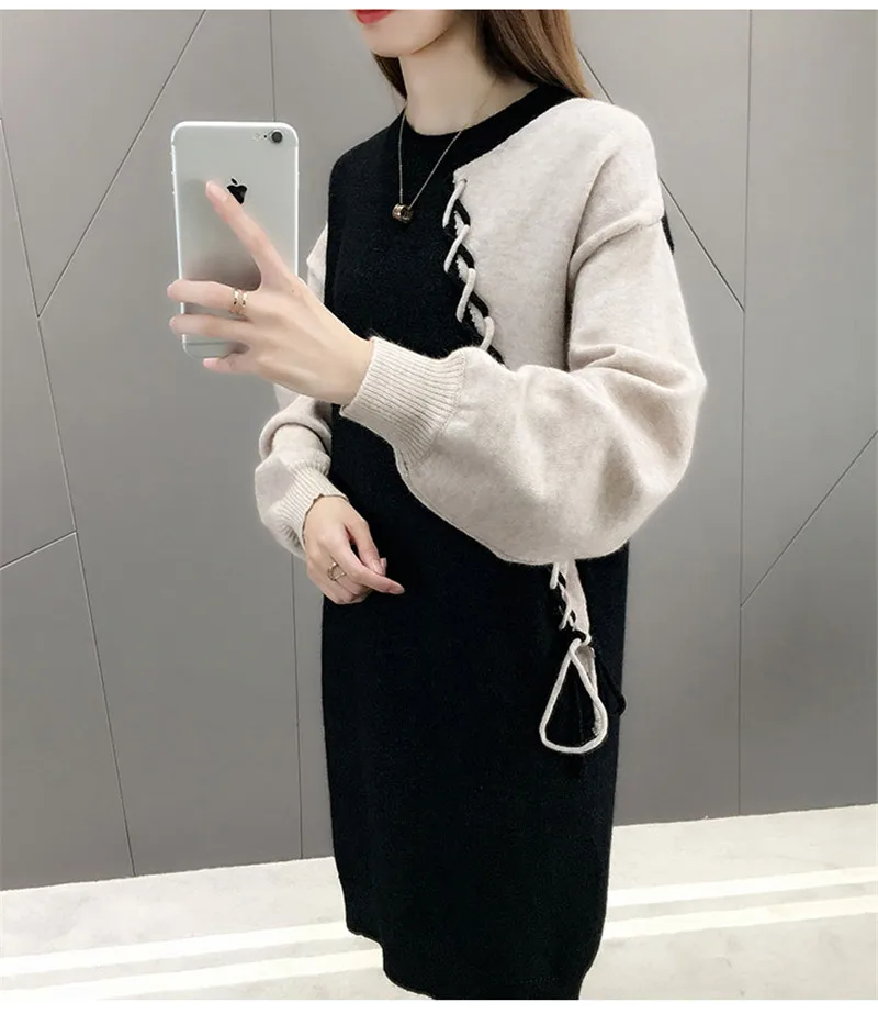 New Style 2019 Women Sweater Dress Autumn Winter Knitted Tops Jumper Long Lady Lace-Up Straight Pullovers M196 | Женская одежда