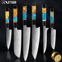 xituo damascus stainless steel kitchen knives set high quality chef knife cleaver paring knife stable woodresinhorn handle