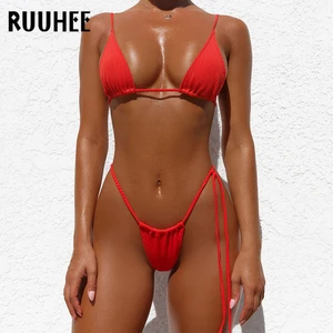 Купальник RUUHEE Женский, микро бикини, однотонный, пикантный, бразильский стиль, стринги, купальный костюм, Бандажное бикини, 2020