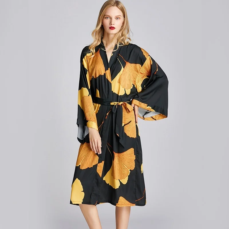

QWEEK Satin Robes Women Maple Leaf Print Bathrobes Silk Dressing Gown Autumn Sleepwear Long Kimono Bride Albornoces Peignoirs