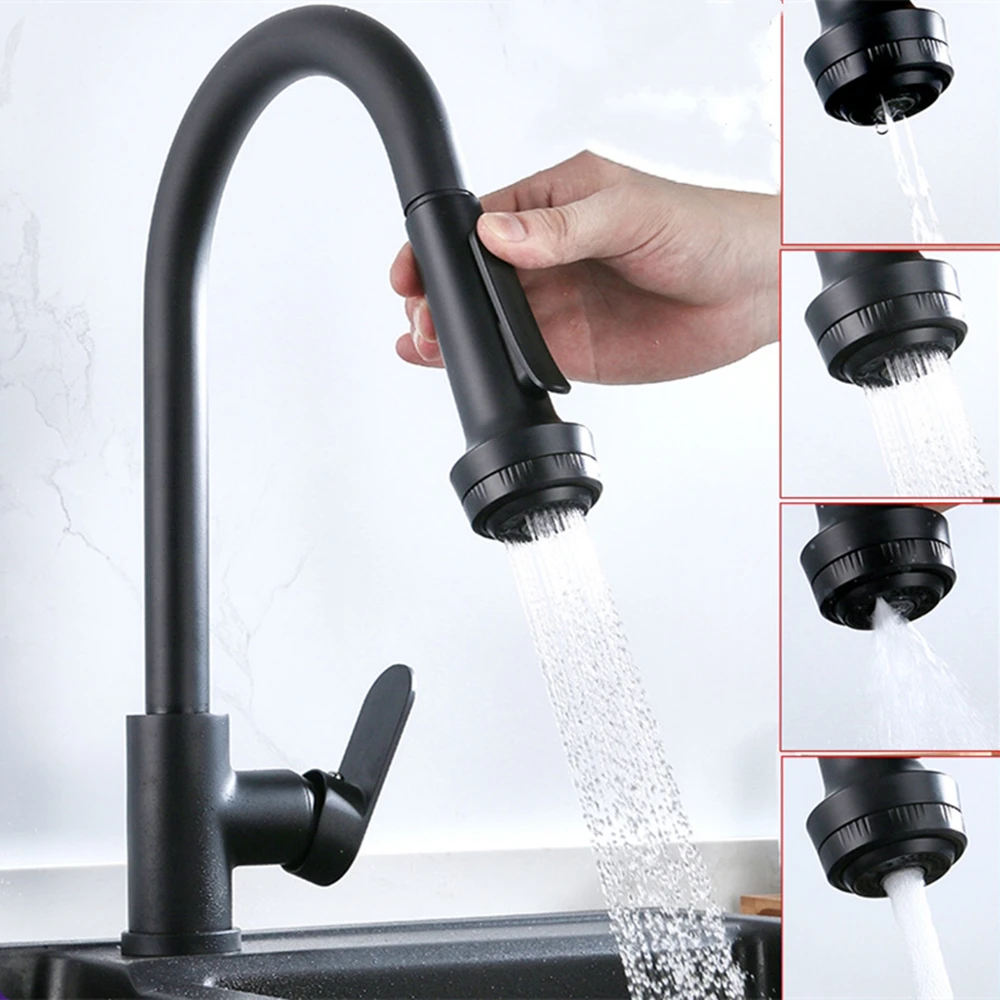 

Черный Выдвижной 4 режима смеситель для кухонной раковины вращение на 360 градусов хромированный смеситель для холодной и горячей воды смеситель для палубы