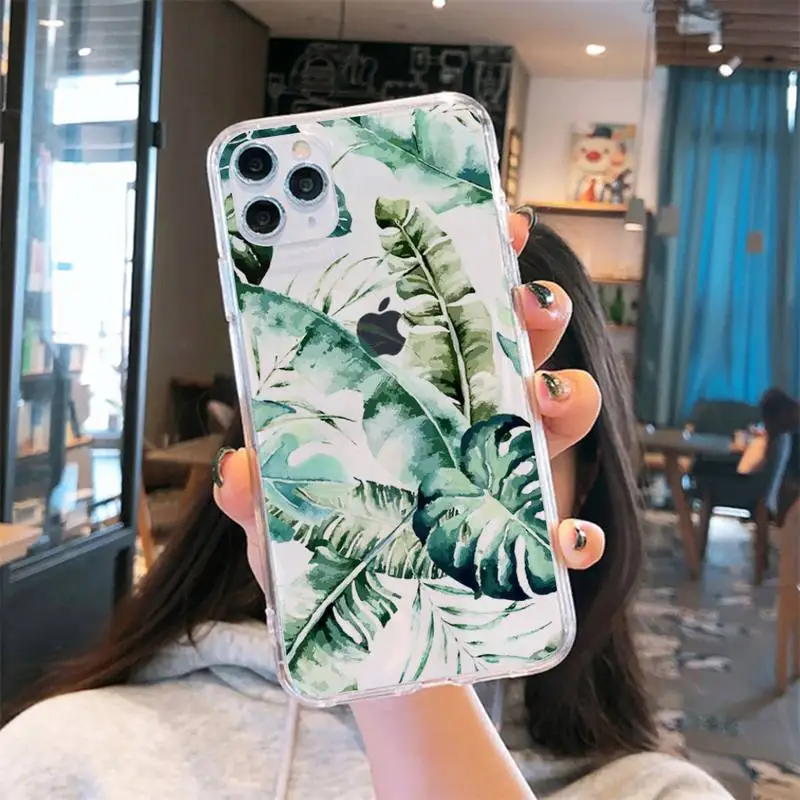

Banana leaf flower art Phone Case Transparent for iPhone 6 7 8 11 12 s mini pro X XS XR MAX Plus se cover funda shell