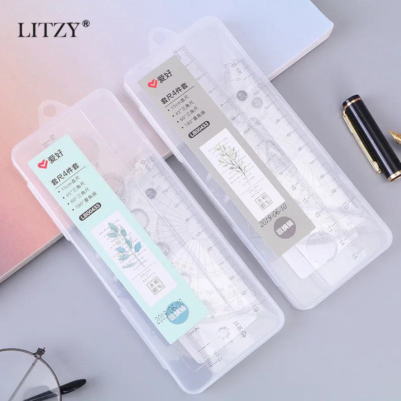 

LITZY 4pcs Ruler Set Transparent Triangle Ruler Mathematical Draw Scale Ruler Cute Ruler Set for School Office Stationery Supply