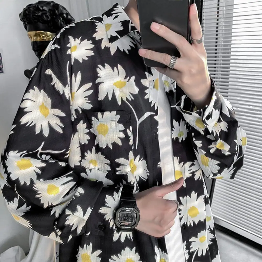 

Featuring Flower Printing Stylish Shirts Men Marguerite Long Sleeve Turndown Collar Button up Blouse Shirt Loose Top