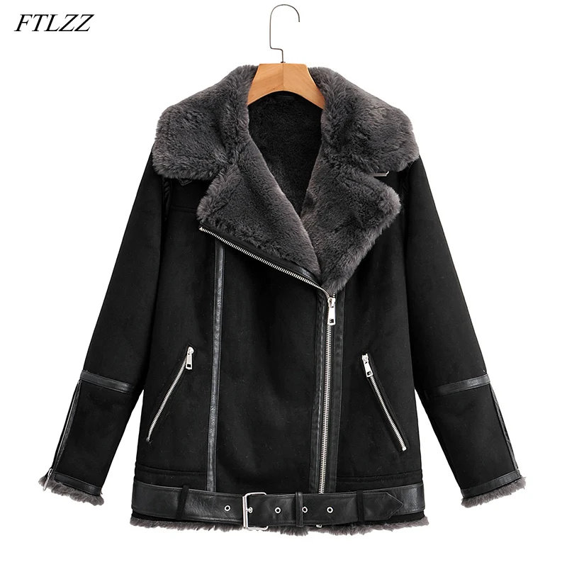 

FTLZZ Winter Women Lapel Overcoat Faux Leather Fur Splicing Leather Coat Locomotive Fit Jacket Snow Warm Thick Outwear with Belt