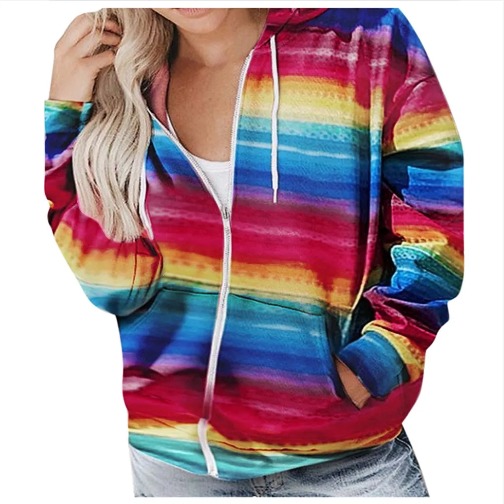 

Fashion Colorful Rainbow Printing Hoodies For Women Leisure Autumn Streetwear Casual Zipper Pocket Sweatshirt Female Tops