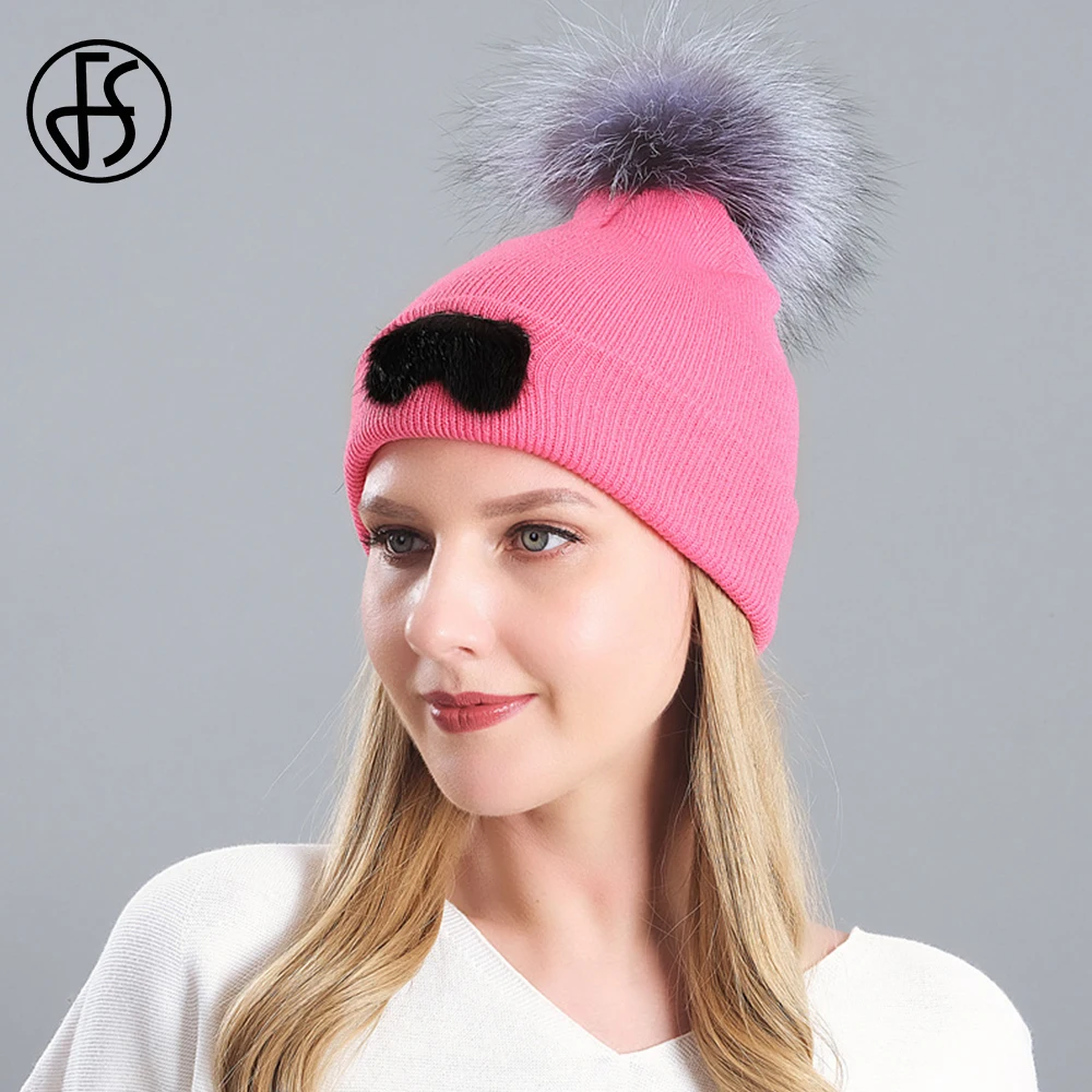 

FS High Quality Knitted Faux Raccoon Fur Pompom Hats For Women Winter Warm Caps Yellow Pink Fashion Skullies Beanies Bonnet