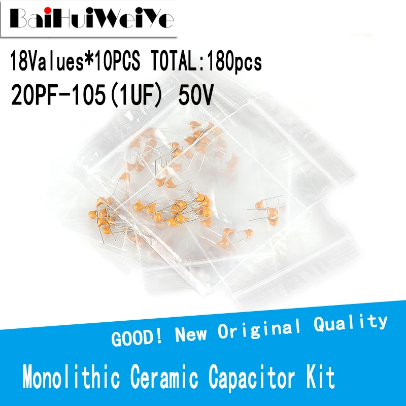 

180PCS/LOTE 50V Monolithic Ceramic Capacitor Ceramic Capacitor Assorted Kit 20PF ~ 1UF (105) 18values*10pcs 20pF(200) 22pF