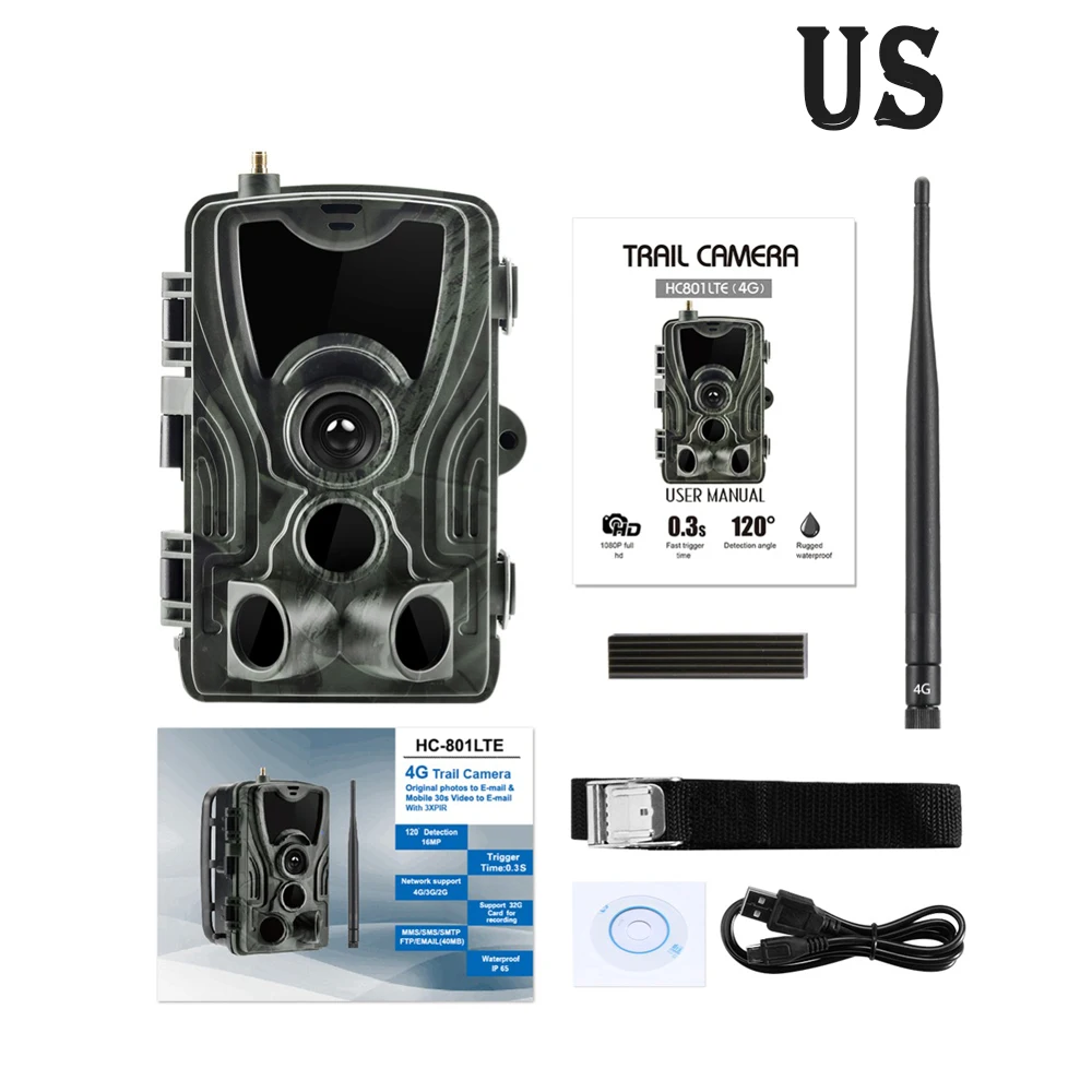 US Edition 4G HC-801LTE охотничья камера 16MP 64GB Trail камера s ночное видение инфракрасные фото ловушки 0,3 s Дикая камера охотник разведчик HC800A обновленная - Цвет: US Edition