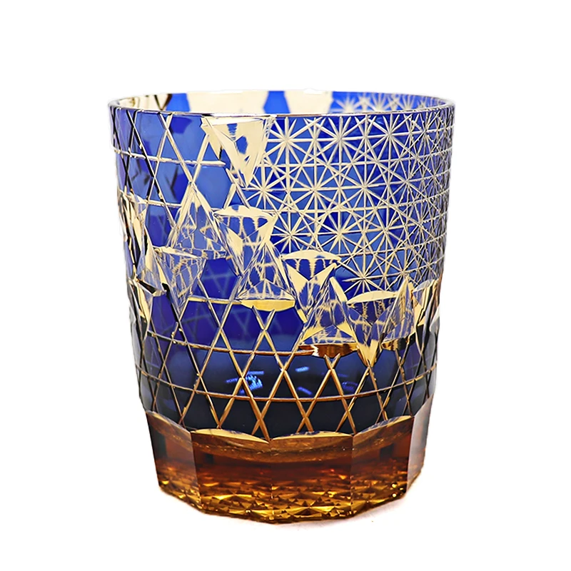 Hand Cut Glass Tumbler Japanese Kiriko Style Drinkingware-DiamondEtch-8.3 Ounces Whisky Cup for Beverage,Cognac,Vodak