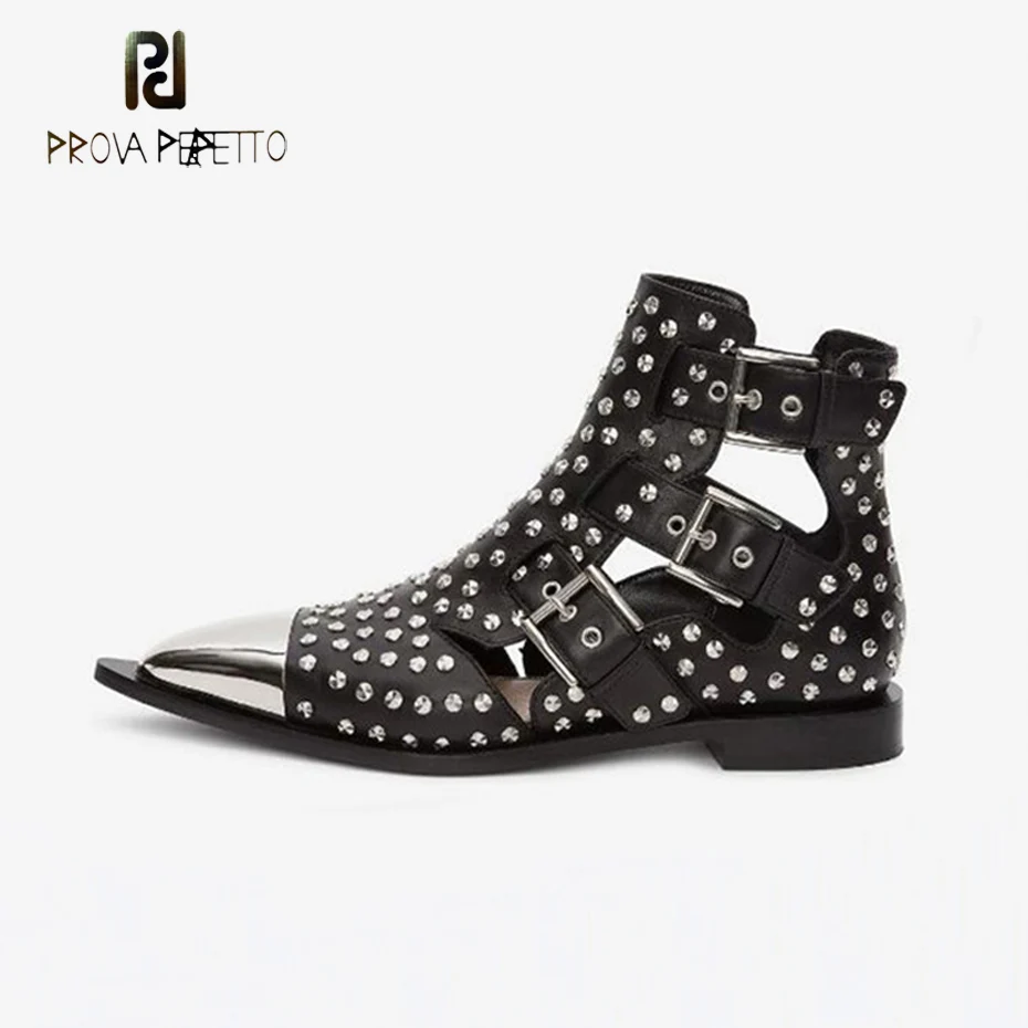 

Prova Perfetto Runway Style Rivet Stud Metal Pointed Toe Ankle Boots for Women New Belt Buckle Cut Out Low Heel Short Boots