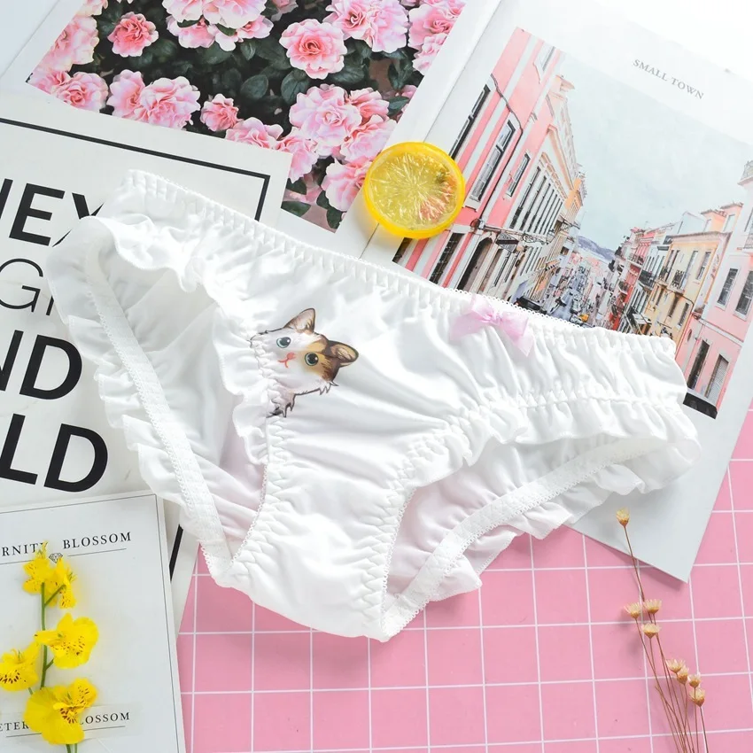 White cat SP& CITY женское нижнее белье с милым рисунком кота из мультфильма для женщин, сексуальные трусики, бесшовные трусы с оборками по бокам, молочное шелковое кружевное белье - Цвет: White cat