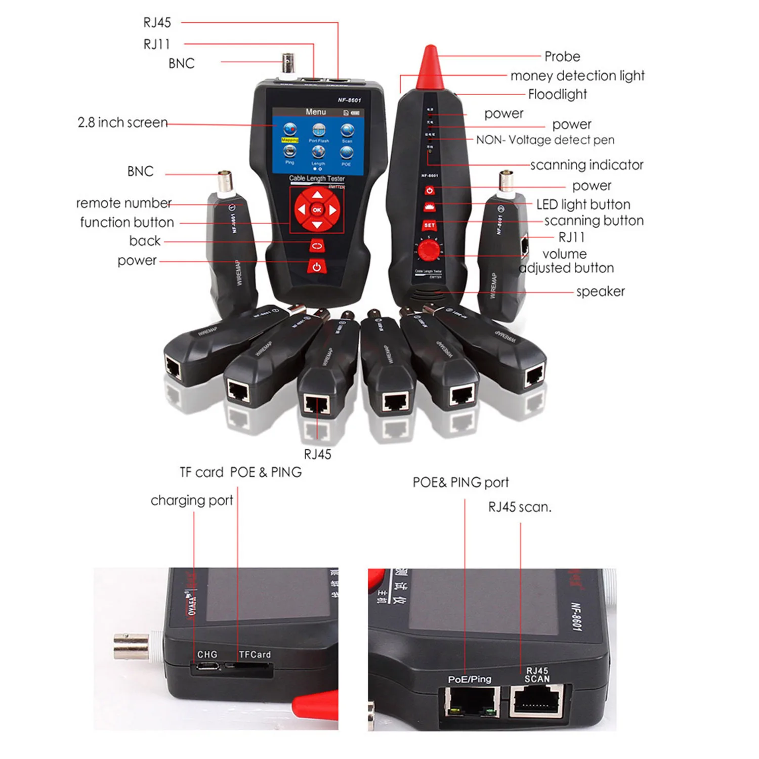 NF 8601W сетевой кабель тестер провода трекер RJ11 RJ45 BNC длина искатель с 8 удаленными