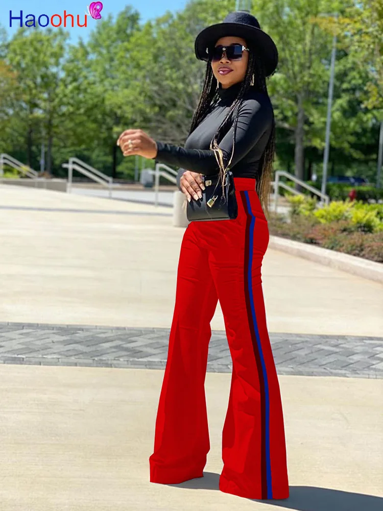 

HAOOHU Fashion Streetwear Women wide leg long Pants High Waist Bell Bottom Striped Splicing Trousers