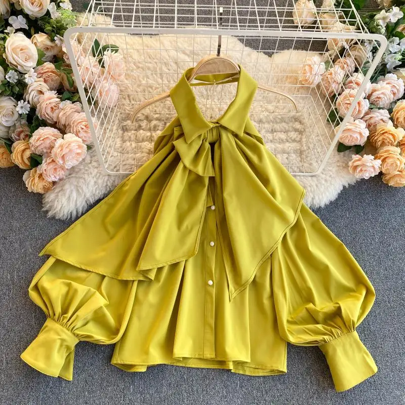 

2021 Spring Autumn New Blouse Women Halter Scheming Halter Shirt Bowknot Lapel Puff Sleeve Female Top Y031