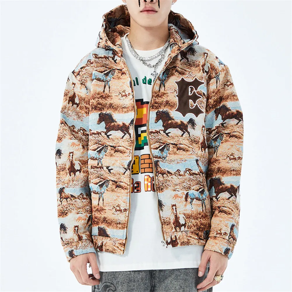 

Men's Jacket with Hood Hoodies Knitted Soft Fabric Horse Bear Embroidery Vintage Khaki Streetwear Harajuku Autumn Coat Clothing
