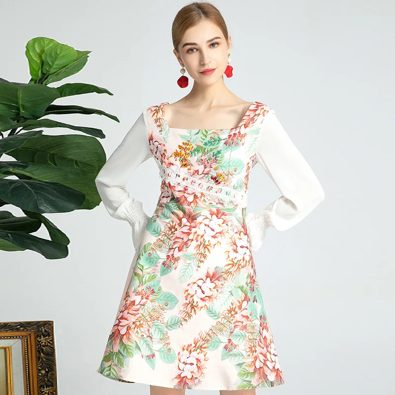 

2021 SPRING SQUARE COLLAR FLORAL PRINT FLARED SLEEVE DRESS