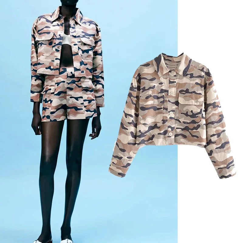 

Za Jacket Women 2021 Fashion Camouflage Long Sleeved Women Coat Turn-Down Collar Single-Breasted Female Outerwear Chic Tops