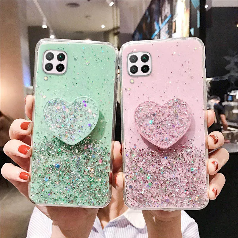 

For Huawei P40 Lite Case Luxury Bling Glitter Heart Holder Cover On For Huawei P40 Pro Plus P40Lite P 40 P4 0 Soft Stand Cases