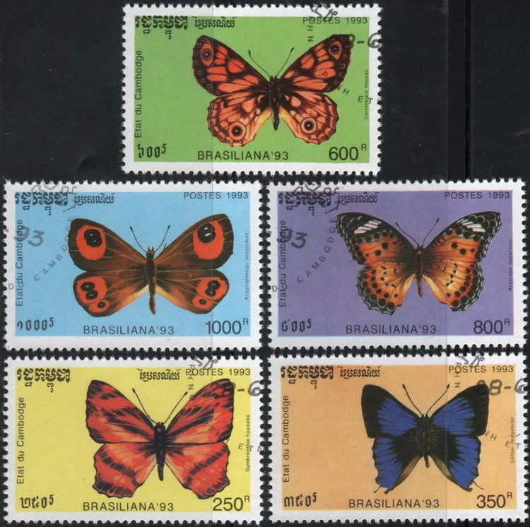 

5 шт./компл. штампы почты Бразилии 1993, использованные почтовые штампы с надписью «бабочки» для коллекционирования