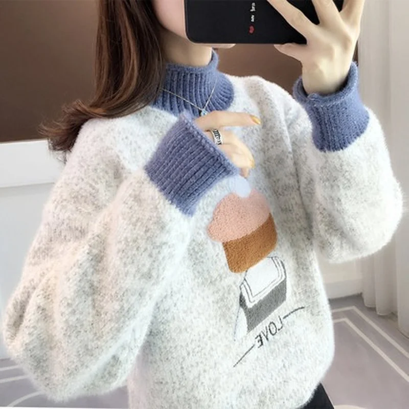 

Women Jumper Sweaters Winter Half Turtleneck Sweater 2021 New Knitted Pullover Female New Pull Cute Fashion Knitwear Top Cartoon