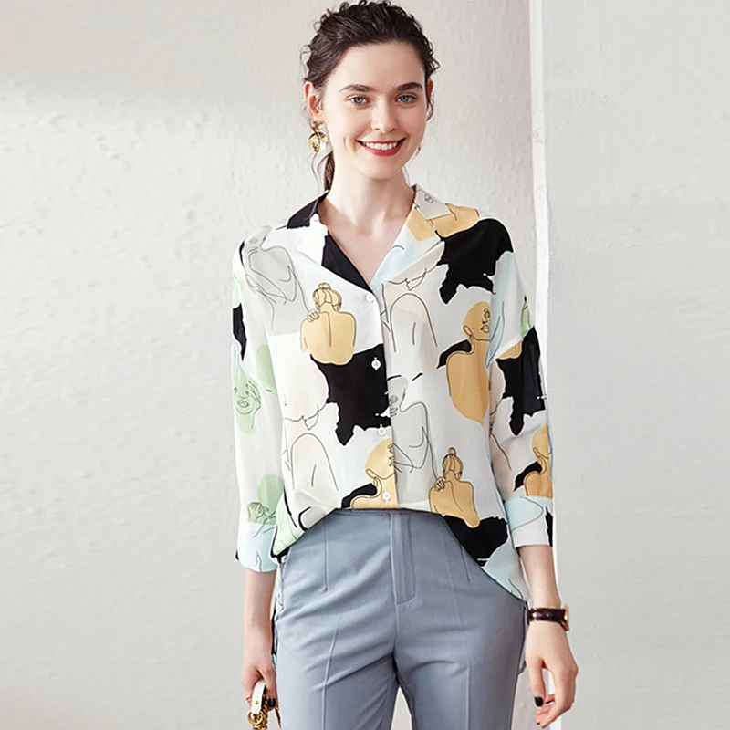 High Quality 100% Silk Blouse Women Casual Style Printed Shirt Turn-down Neck Long Sleeve Shirt Elegant New Fashion