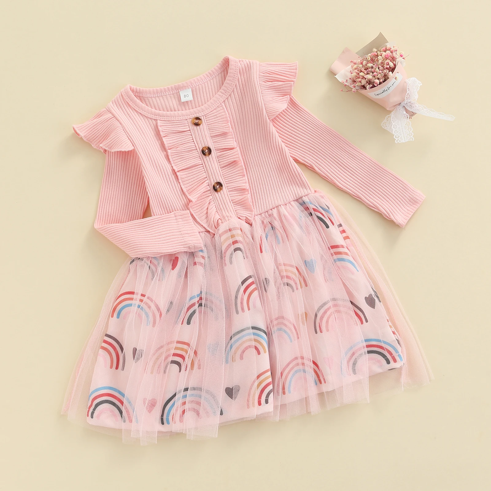 

Little Girl’s Casual Long Sleeve Dress Fashion Rainbow Print Mesh Yarn Stitching A-line Dress
