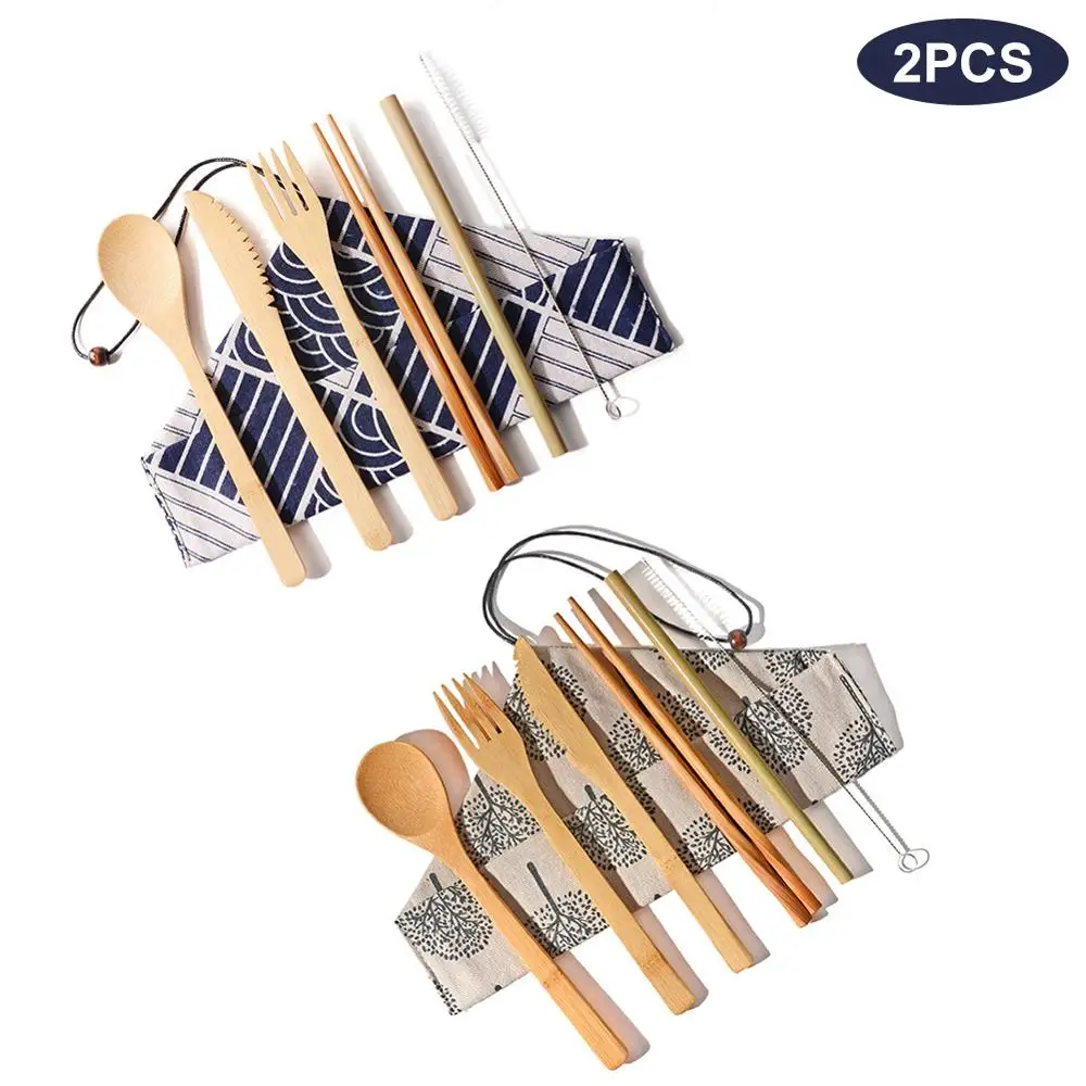 

2sets Bamboo Cutlery Set Travel Utensils Biodegradable Wooden Dinnerware Outdoor Portable Flatware Bamboo Tableware Set