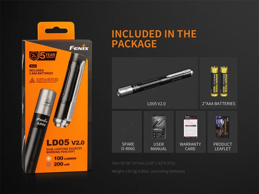 Новый Рабочий фонарик Fenix LD05 V2.0 max 100 люмен 2AAA с теплым белым светом и УФ