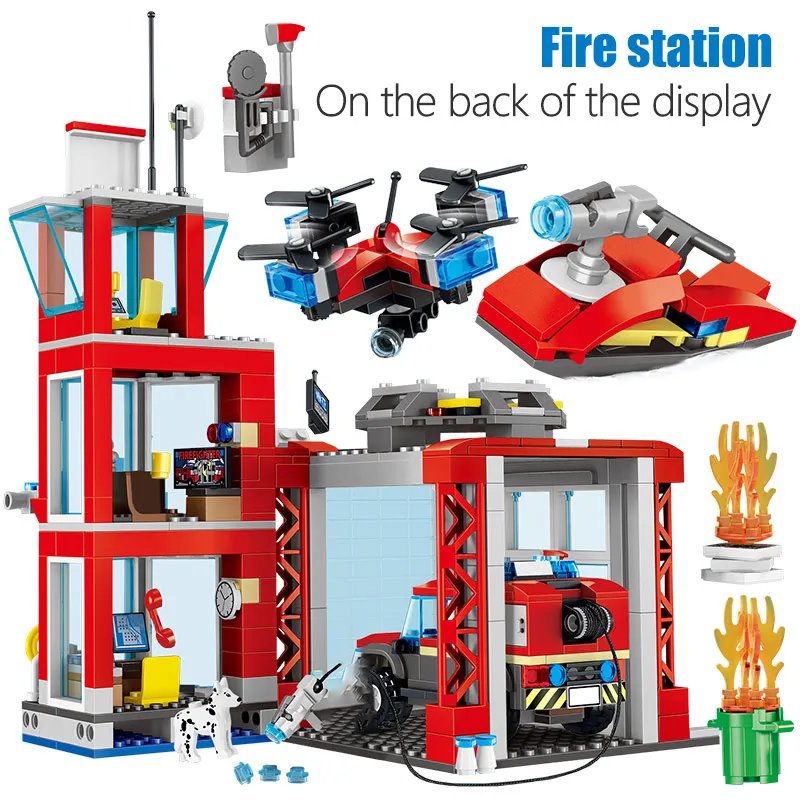 537pcs Fire Fighting Car Building Blocks Compatible City Department Helicopter Boat Figures Bricks Children Toys | Игрушки и хобби