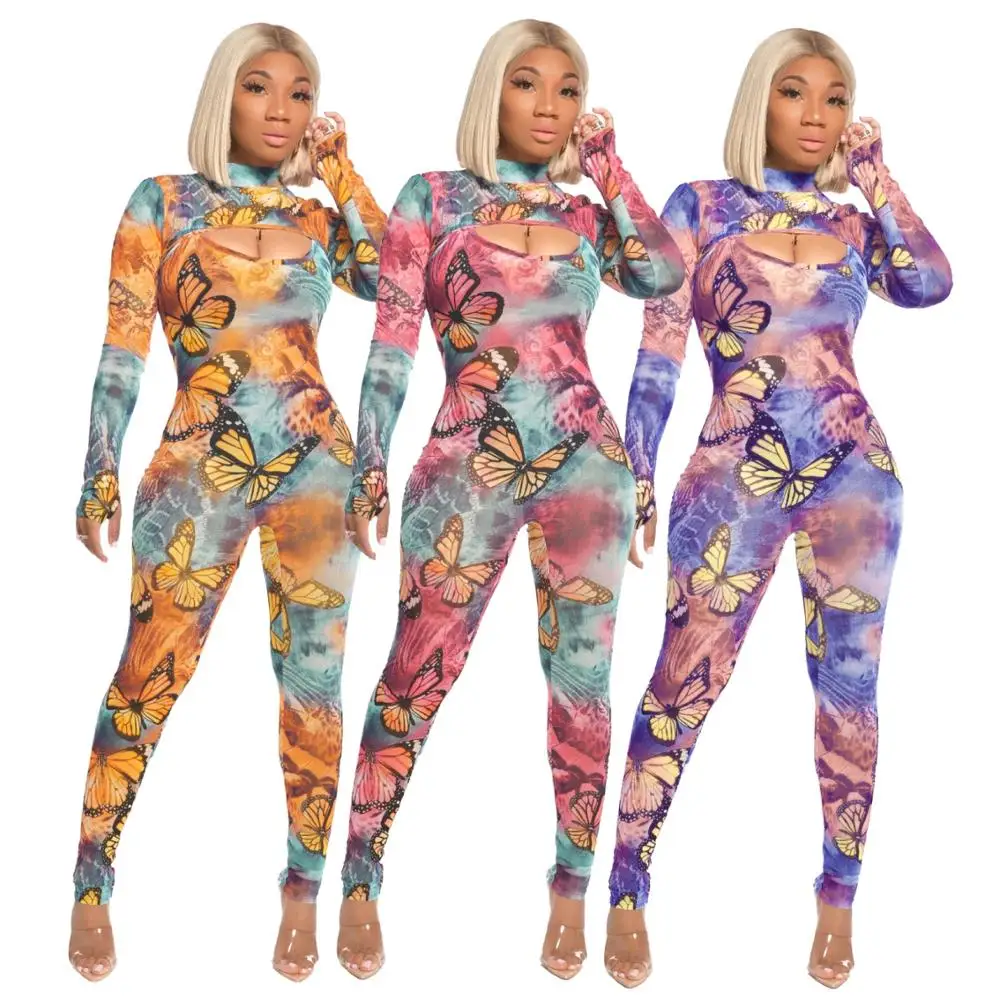 

Women Retro Print Long Sleeve Crop Tops Bodycon Jumpsuit + Pants Two Piece Set Sexy Party Club Matching Set Fitness Outfits
