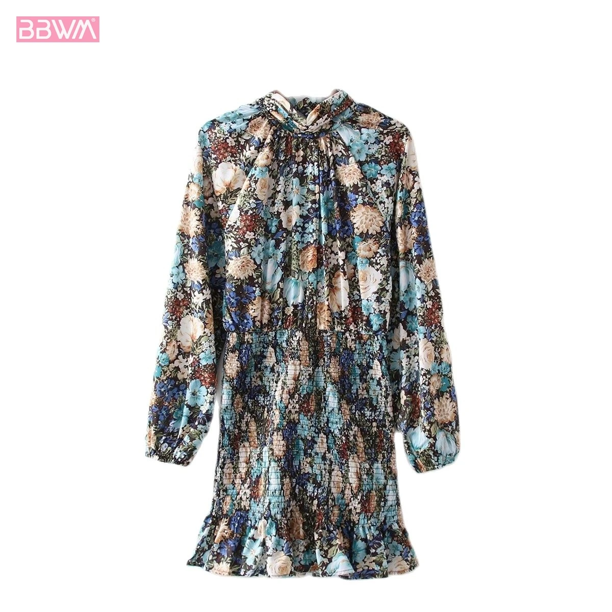 

Retro Print Stand Collar Long Sleeve Women Dress Fashion Elastic Waist Wrap Hip Chic Female Dresses Vestidos Mujer