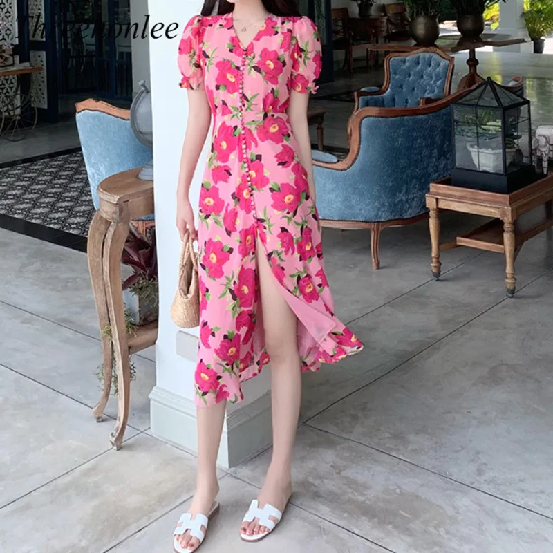 

Floral Chiffon Women's Dress Summer Runway V-neck Puff Sleeve Split Long Dresses Elegant Korean Fashion Chic Female Vestidos
