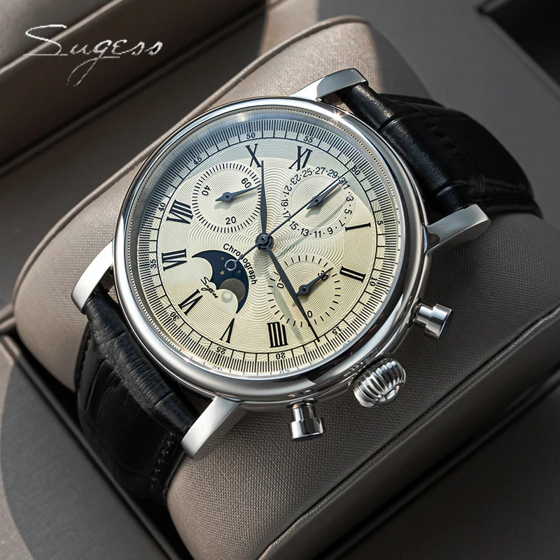 Sugess Для Мужчин Хронограф механические Moonphase часы мужчин s 2021 сапфир Чайка