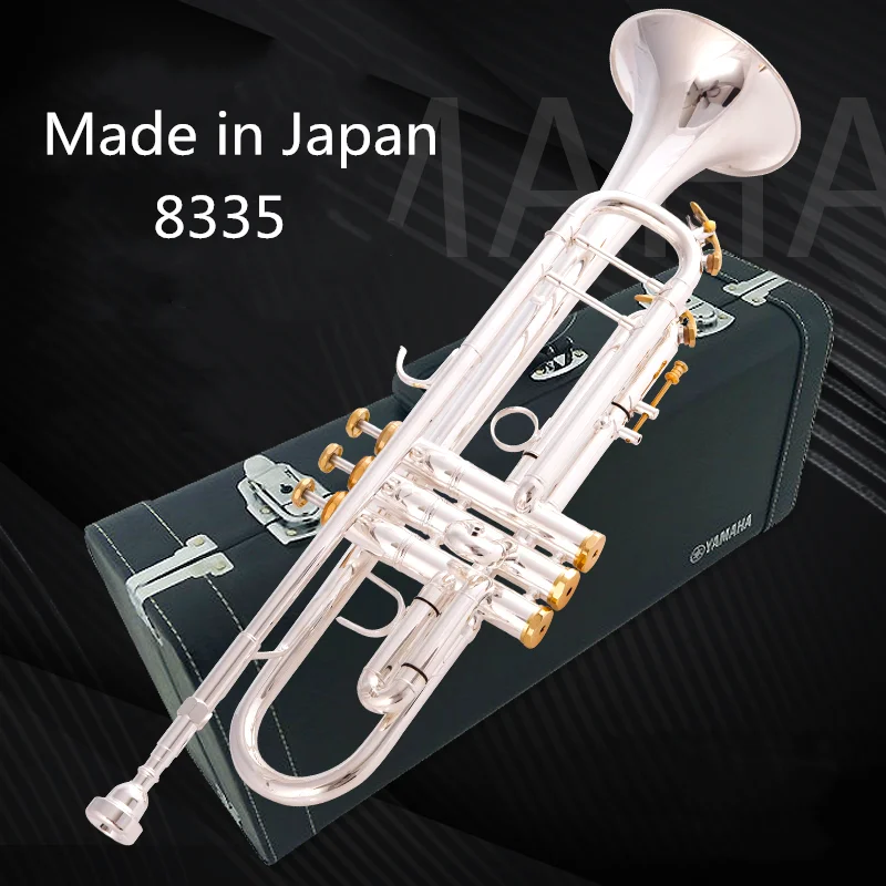Trompeta Bb 8335 fabricada en Japón, instrumentos musicales profesionales con Funda de cuero, latón plano plateado