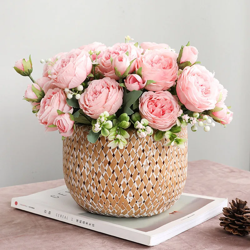 

30cm Rose Pink Silk Bouquet Peony Artificial Flowers 5 Big Heads 4 Small Bud Bride Wedding Home Decoration Fake Flowers Faux