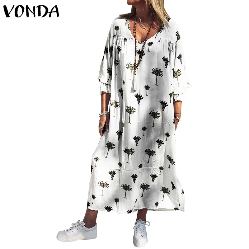VONDA/длинное платье макси с принтом, женский сарафан, повседневное свободное богемное пляжное платье с длинными рукавами, летнее, большие размеры, вечерние платья